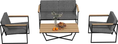Produktbild von Gartenmöbel Set 4 Personen wetterfest Balkonmöbel-Set mit 2er Sofa, 2 Stühle Sitzkissen Beistelltisch Grau
