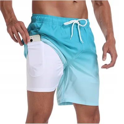 Produktbild von Herren Badeshorts 2 in 1 XXL - Schwimmhose - mit Kompressions-Innenshorts und Handytasche - Hellblau Gradient - Schnelltrocknend