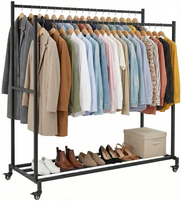 Zdjęcie produktu dla Wieszak na ubrania z 2 przegródkami i półką na buty | Kolor: czarny | Wymiary: 150x62x160 cm