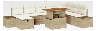 Produktbild von 9-teiliges Garten-Sofa-Set mit Kissen Beige Poly Rattan Lounge Sofa Outdoor