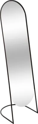 A full-length mirror with a black metal frame and stand, set against a white background.