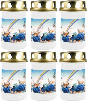 Produktbild von Grabkerze Weiß 6er Pack, Brenndauer: 48 Stunden ( je Kerze ), Motiv: Regenbogen