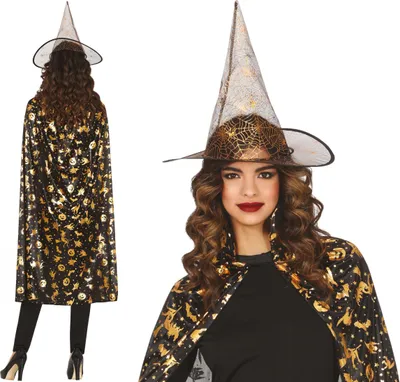 Obrázok produktu pre Čarodejnícky klobúk Halloween Set čierne zlato Sorcery Mystic Gothic Slávnostné umelecké dekorácie Magic Night 110cm Pumpkin Moon, farba: čierna