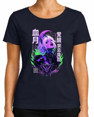 Productafbeelding van Anime Demon Girl Cyberpunk Japans Goth Japan Y2K Succubus Oni Dames T-shirt, Marineblauw, Maat S