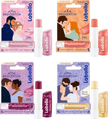 A collage of four different limited edition Labello lip balm sets, each featuring a Bridgerton-themed illustration and a lip balm stick with its cap.