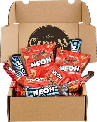 Produktbild von Genusslebenbox mit 400 g zuckerfreien Haselnuss-Schnitten, Schoko Bites und Crunch Riegel im Mix von Neoh™