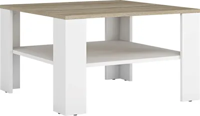 A square coffee table with a wood-effect top and white legs and shelf.