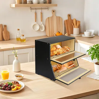 Produktbild von Brotkasten Bambus 2. Stock mit Fenster für Brot Brötchen Kuchen 40 x 33 x 20 cm Schwarz