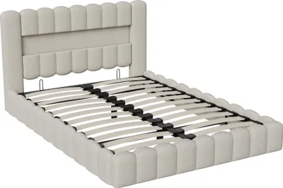 A beige upholstered bed frame with a slatted mattress base, shown from a diagonal angle against a white background.