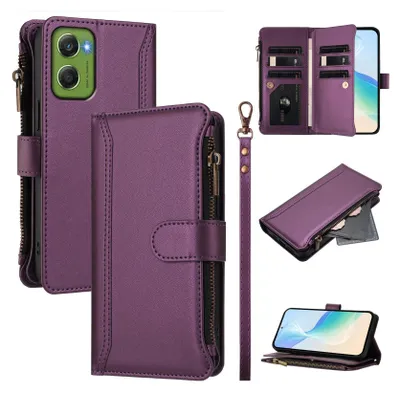 Image de Étui pour Motorola Moto G06, étui à fermeture éclair en cuirPolyuréthaneavec pochettes pour cartes, support et boucle pour les mains Violet