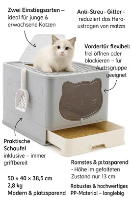 XXL Katzentoilette Mit Deckel & Schaufel – Faltbare, Geschlossene Toilette Mit Geruchskontrolle (grau/rosa/blau)