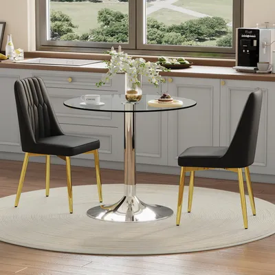 Produktbild von Tisch-Stuhl-Set, 85 cm runder Glastisch + 4 schwarze PolyurethanStühle, goldene Beine, minimalistisch