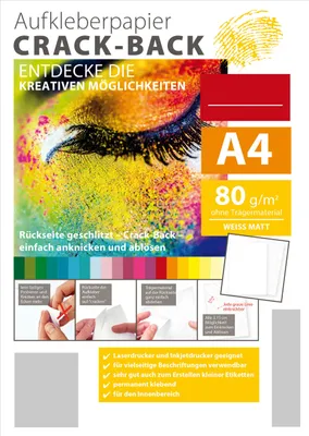 Produktbild von CRACK-BACK Sticker Papier Aufkleber PLUS selbstklebend A4 (25 Blatt) Rückseite geschlitzt zum Einfachen ablösen, Bedruckbar weiß matt