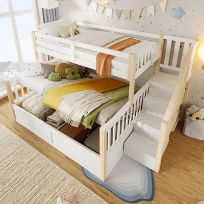 Produktbild von Flieks Hydraulisches Etagenbett 90x200cm/140x200cm mit Stauraum, Kinderbett mit Treppe und Rausfallschutz, Hochbett mit Lattenrost, Naturbelassen