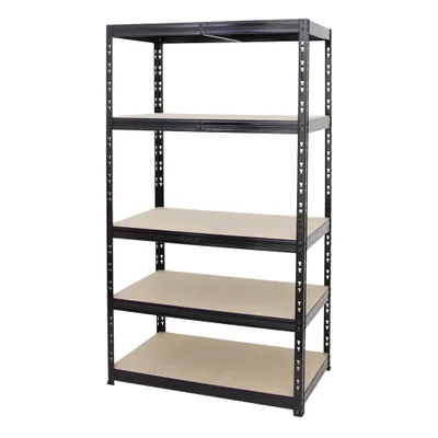 A black metal shelving unit with five tan shelves, shown against a white background.