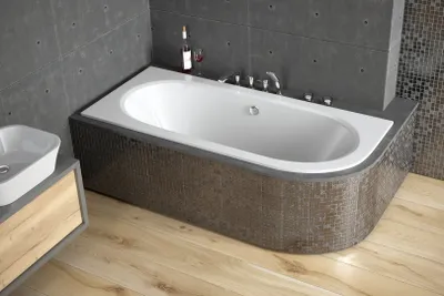 Produktbild von BADLAND Eckbadewanne Rechteck Badewanne Avita SLIM LINKS 160x75 Rand 15mm mit Ablaufgarnitur, Füßen und Styroporverkleidung GRATIS