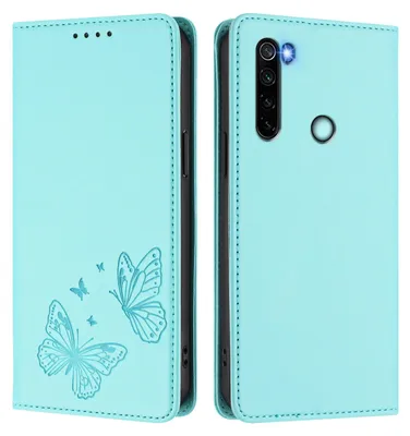 Obrázek produktu pro Kožené pouzdro pro Xiaomi Redmi Note 8, motýlí ražbou, peněženkové flip pouzdro se stojánkem Mátově zelená