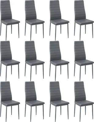 Image de HJ WeDoo set de 12 chaises de salle à manger, chaise de cuisine avec revêtement en simili-cuir et structure en métal, chaise de salle à manger en PVC, capacité de charge 125 kg, gris