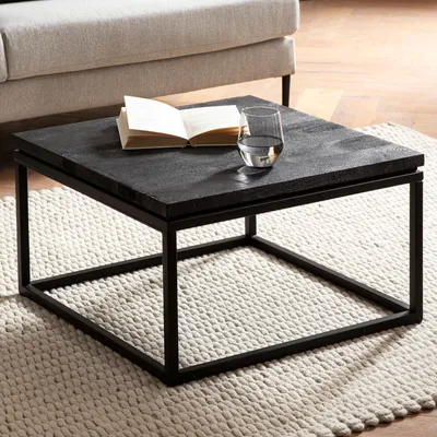 Zdjęcie produktu dla Stolik kawowy FineBuy Design, kwadratowy, 60 cm, wykonany z litego drewna mango, kolor czarny. Stolik do salonu z metalową konstrukcją, nowoczesny, w stylu industrialnym