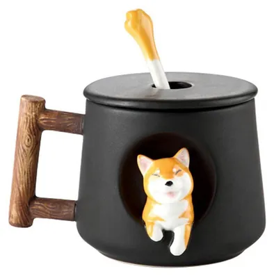 Immagine prodotto di Tazza in Vetroceramica con coperchio e cucchiaino, capacità 420 ml, colore nero, motivo Shiba Inu