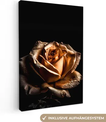 Produktbild von MuchoWow® - Leinwandbilder - Rose - Gold - Blumen - Botanisch Schwarz, Wandbild, Wanddeko Bilder Wohnzimmer, 40x60 cm