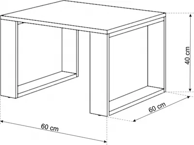 A line drawing of a square coffee table with dimensions indicated.
