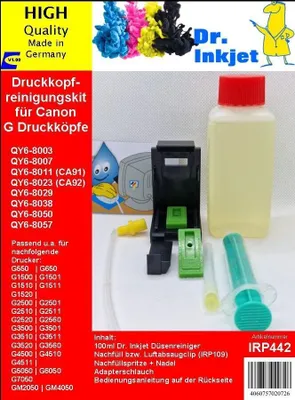 A product shot of a Canon G Megatank printer cleaning kit, with various components laid out and text detailing the product and its compatibility.