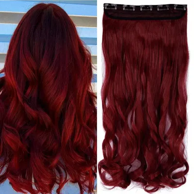 Obrázek produktu pro Clip-in prodlužovací vlasy, vlnité, 60 cm, tmavě červené, 1 kus, 5 sponek, syntetické vlasy, pro ženy