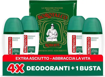 Produktbild von Borotalco, Original Vapo Deodorant mit Talkum mit aktiven Kristallen, dreifacher Trockenschutz, ohne Alkohol, Duft von Borotalco – 4 Stück à 75 ml