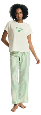 Image de Pyjama pour femme, design moderne, confortable, en coton, vert et blanc, taille M