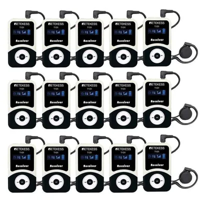 A grid of Retekess T131 tour guide system receivers.