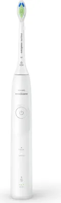 A white electric toothbrush is shown against a white background.