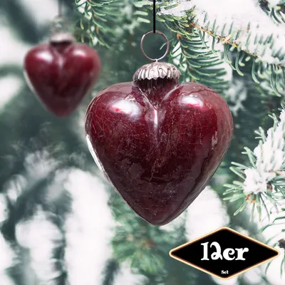 Produktbild von Christbaumkugelset, Herz, 12er Set | Glas, rot | H10,0xB9,5cm