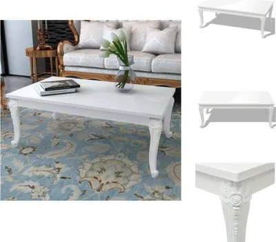A white coffee table is shown in a living room setting with a sofa and a rug, along with separate product shots.