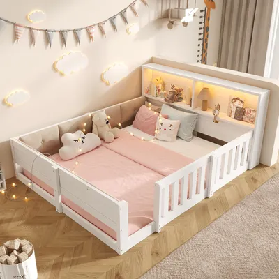 Produktbild von Flieks Kinderbett 140x200cm mit Led, Bodenbett Holzbett mit gepolsterter Rückenlehne, Kinderbett mit Staufächern und Rausfallschutz, Weiß