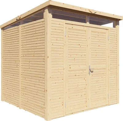 Produktbild von WOODTEX Naturbelassen 226 x 234 cm Gartenhaus Pentos, Rhombusprofil 18 mm Fichtenholz, Pultdach Massivholz, Mit Doppeltuer Und Fenstern, Elementbauweise, Inklusive Fussboden