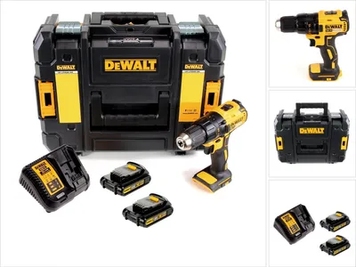 A DeWalt cordless drill set including the drill, two batteries, a charger, and a storage case, displayed on a white background.
