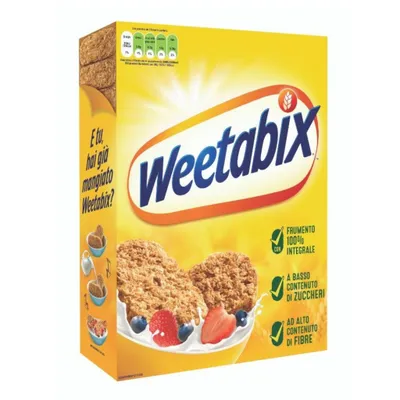 A box of Weetabix cereal with images of cereal and fruit.
