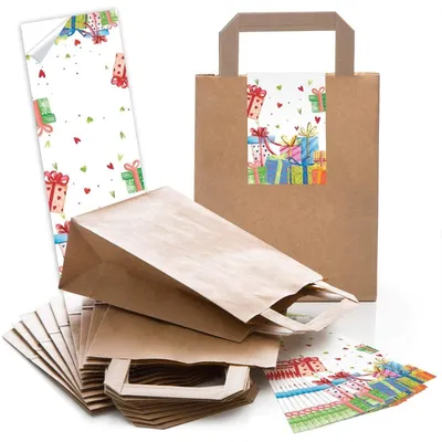 Produktbild von Logbuch-Verlag 10 Henkteltaschen aus Kraftpapier braun + 10 Vintage Aufkleber grün beschriftbar Gastgeschenk Mitgebsel Geschenktüte Hochzeit Vintagedeko natürlichBunte Geschenke / 5 Stück