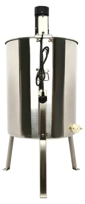 A stainless steel electric honey extractor on a white background.