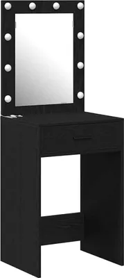 A black vanity table with a mirror and lights.