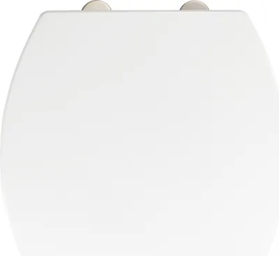 A top-down view of a white toilet seat with silver hinges.
