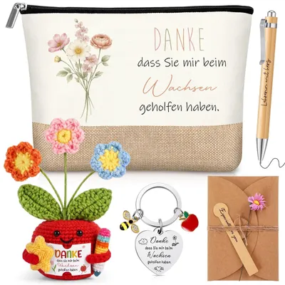 Geschenkset für Lehrerin – Strickblume, Tasche, Schlüsselanhänger, Stift
