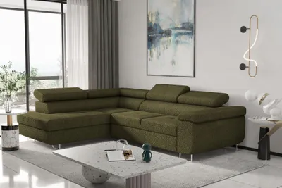 Produktbild von Ecksofa Sofa JADE Stoff Ascot Olivgrün mit Schlaffunktion Ottomane Links