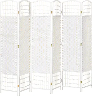 Produktbild von HOMCOM Innenschirm, 6 faltbare Paneele, 242 L x 170 H cm, Raumteiler, Pappelholz, Bambus, gewebte Papierfasern, weißes Stroh
