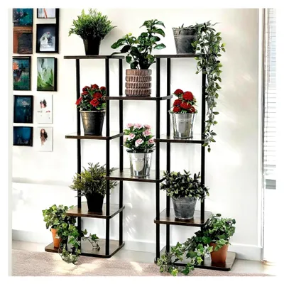 Produktbild von Blumenregal Indoor Metall Schwarz 6 Etagen Holz Pflanzenständer 100 cm