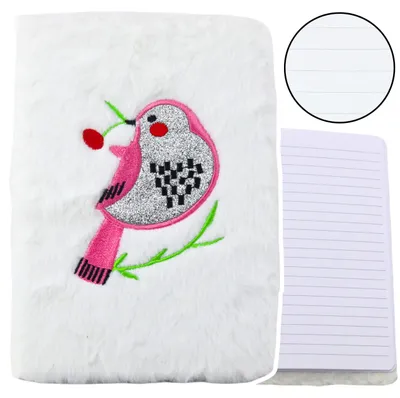 Productafbeelding van Pluche notitieboekje bekleed met vogel zilver glitter wit