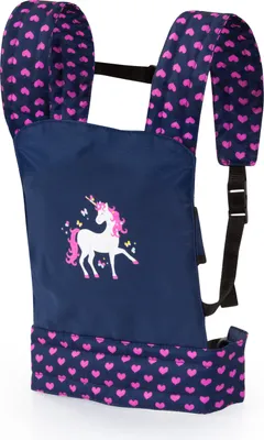 Produktbild von Bayer Design 62254AA Puppentrage EasyCarry, Tragegurt, tragbar Vorne und Hinten, Tragesitz, Puppenzubehör, Kuscheltier u. Puppen, blau mit Einhorn
