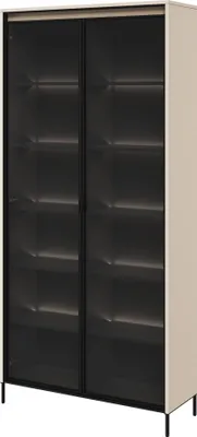 A beige cabinet with two dark glass doors and black legs, shown from the front.