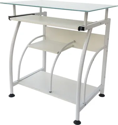 A white metal and glass computer desk with shelves.
